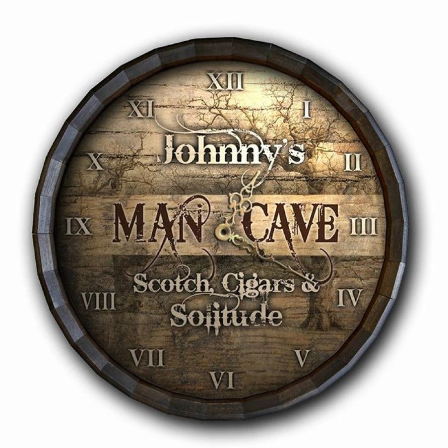 * New Barman Custom Wood Barrel Top Clock Man Cave Scotch, Cigars, Solitude | Bar Signs