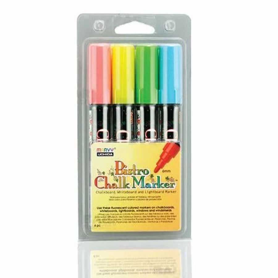 * Outlet Barman 4 Piece Broad Point Chalk Marker Set (Fluorescent Red, Blue, Green & Yellow) | Bar Signs