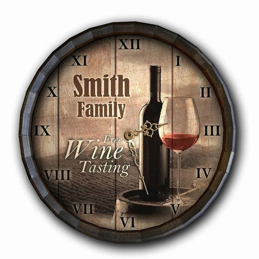 * Discount Barman Custom Wood Barrel Top Clock Free Wine Tasting | Bar Signs