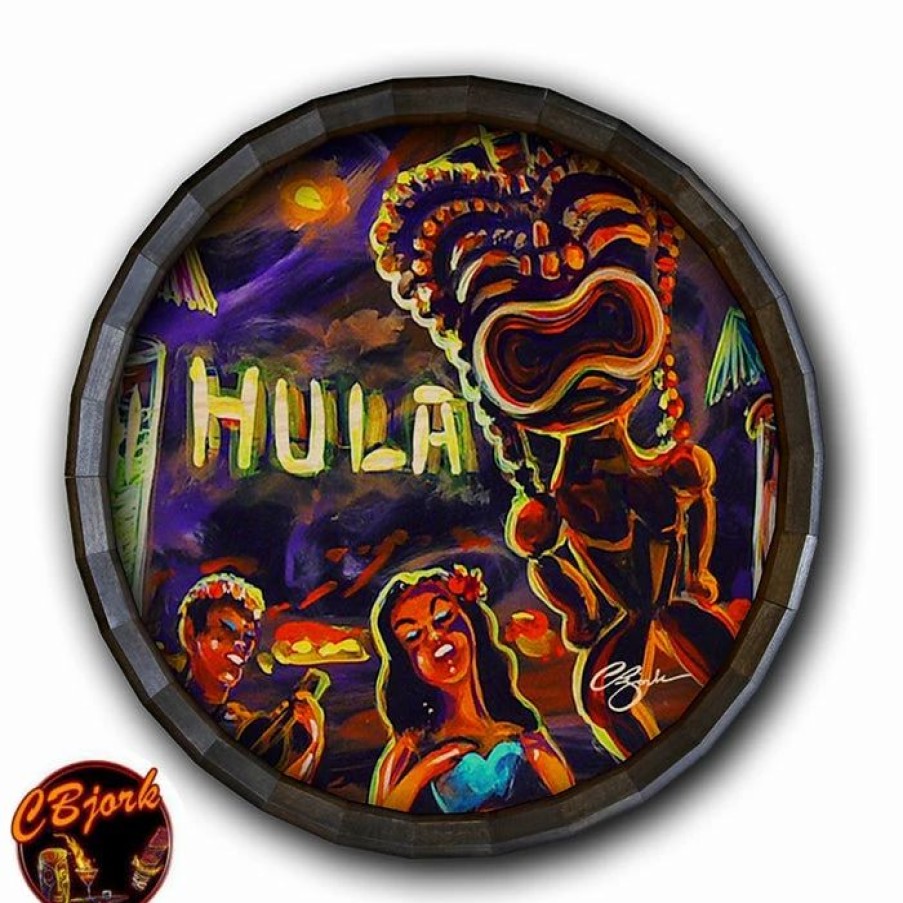 * New Barman Vintage Hula Bar Wood Barrel Top Sign/Clock | Bar Signs