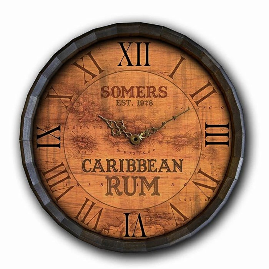 * Hot Sale Barman Custom Wood Barrel Top Clock Caribbean Rum | Bar Signs