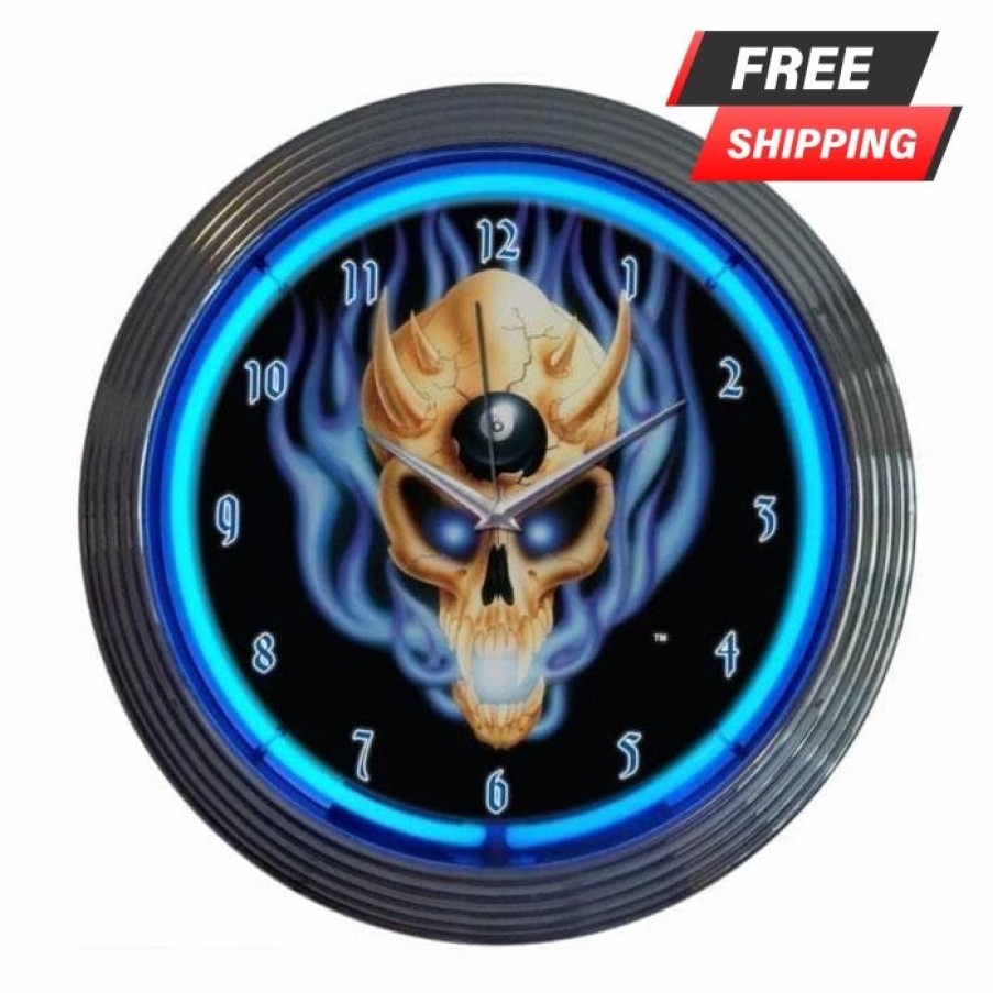 * Cheapest Barman Neon Clock Eight Ball Skull 15 Diameter | Bar Signs