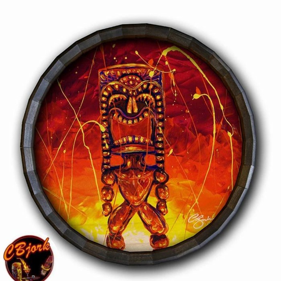 * Brand New Barman Tiki Hot Lava Wood Barrel Top Sign/Clock | Bar Signs